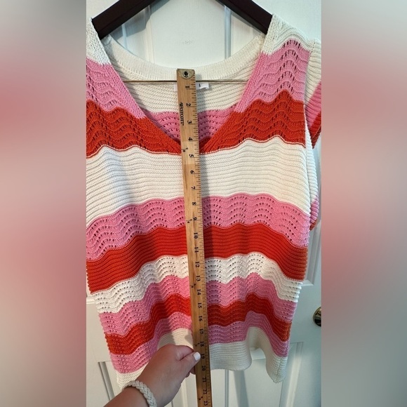 THML Anthropologie M Knit Cotton Sweater Wavy Stripe V Neck Flutter Sleeves Pink - Picture 9 of 12